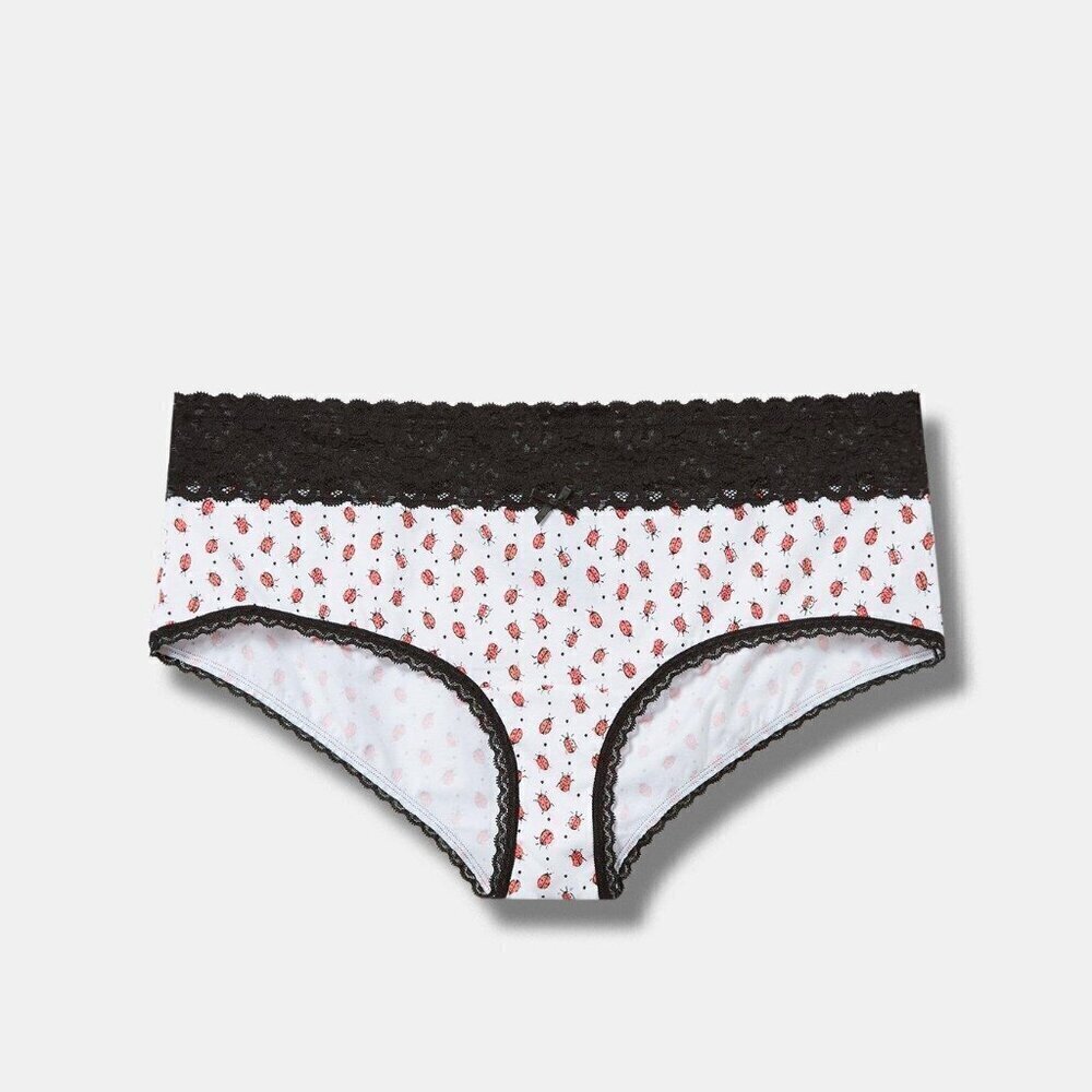 Torrid - Cotton Mid-Rise Cheeky Lace Trim Panty in Lady Bugs, Bright White